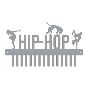 Steel medal holder with the word 'HIP-HOP' and three female dancer silhouettes on top. The bottom has 15 hooks for hanging medals.